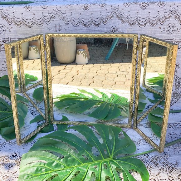 Vintage Other - Vintage Vanity Display Gold Frame Accordion Mirror